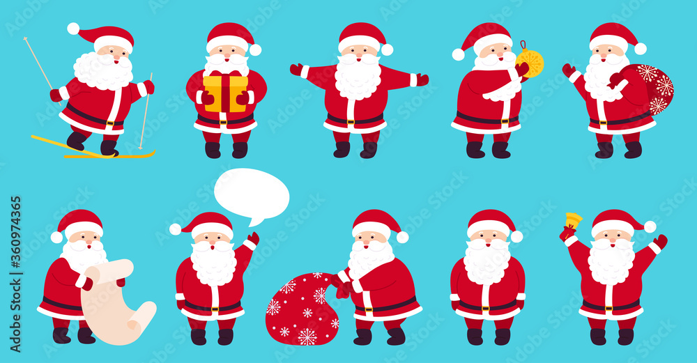 Santa Claus cute Christmas flat cartoon set. Collection funny character with gift, bag, skiing, present, speech bubble. Different emotions santa, New Year objects. Vector illustration blue background