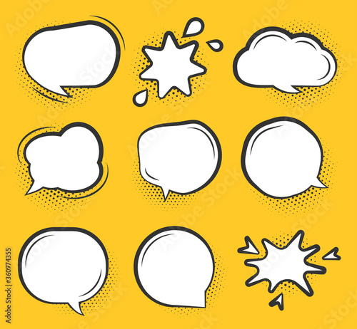 Comic speech bubble set. Cartoon empty text clouds with halftone dot shadow. Different shapes blank pop art line doodle bubbles. Comics message balloon template. Isolated on orange vector illustration