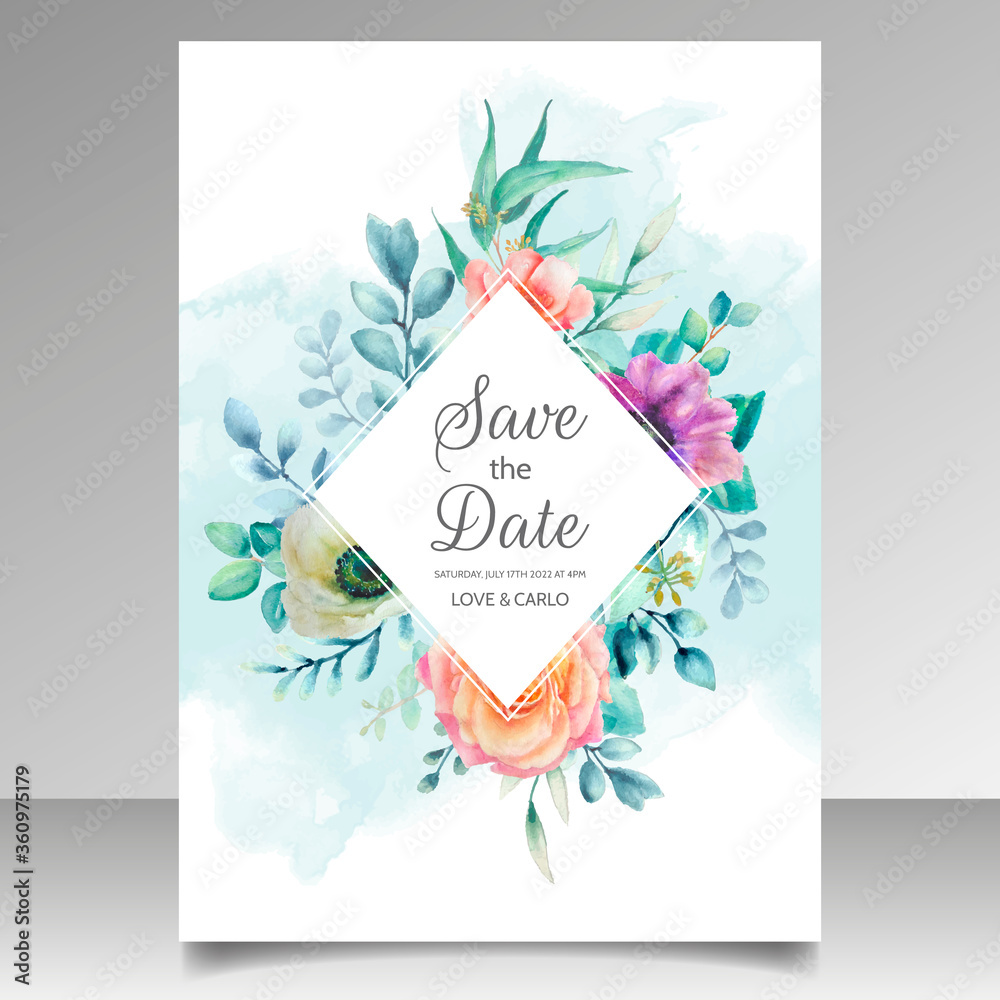 Obraz premium Beautiful watercolor floral wreath wedding invitation card template
