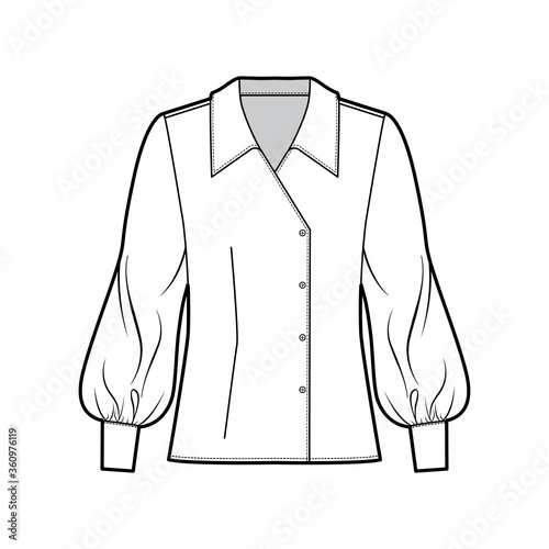Blouse technical fashion illustration with oversized collar, body, long bishop sleeves, double breasted. Flat apparel template front white color. Women, men unisex CAD garment mockup for designer