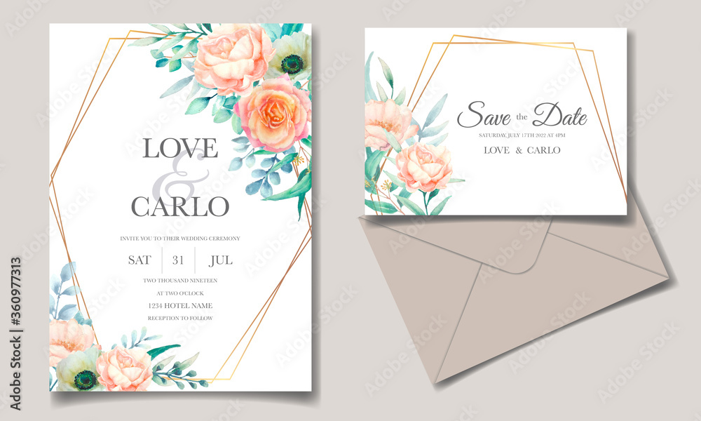 Beautiful watercolor floral wreath wedding invitation card template