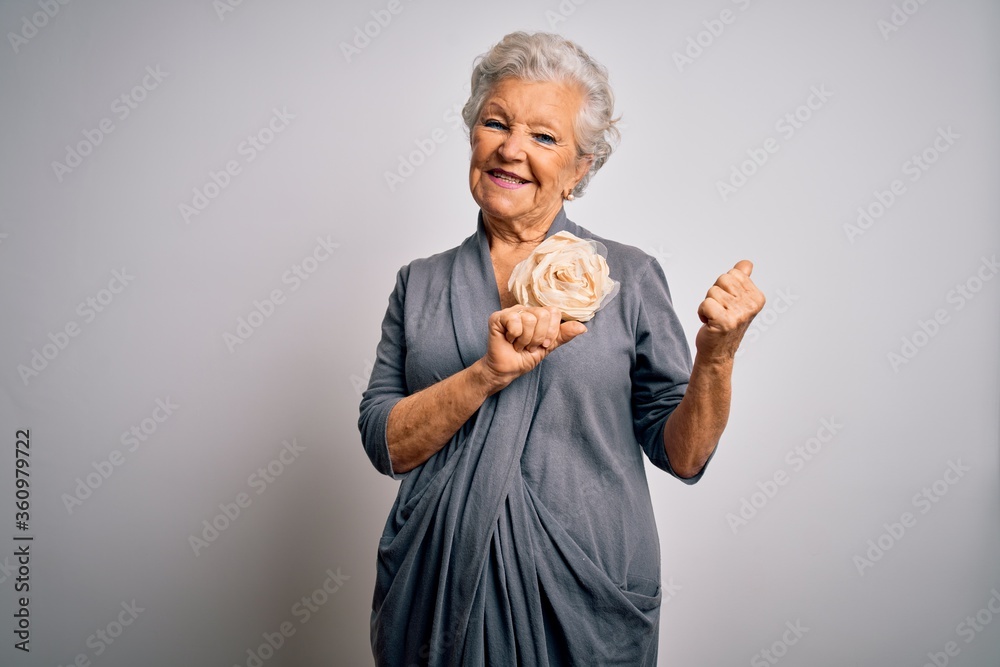 Senior beautiful grey-haired woman wearing casual dress standing over white background Pointing to the back behind with hand and thumbs up, smiling confident Senior beautiful grey-haired woman wearing casual dress standing over white background Pointing to the back behind with hand and thumbs up, smiling confident