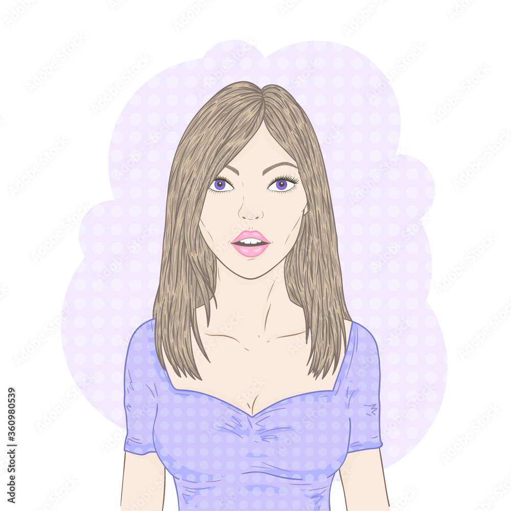 Vector illustration of a beautiful young woman with long flowing hair on a white background. Color image.