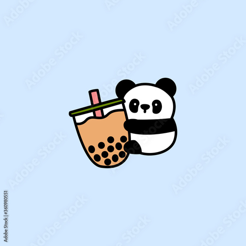 Cute panda loves bubble tea cartoon, vector illustration