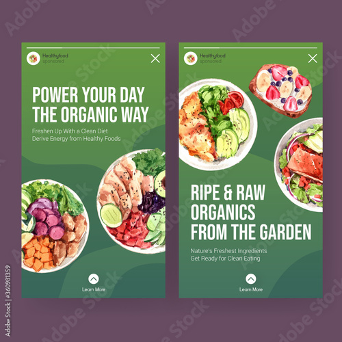 Instagram template with healthy and organic food design for social media,online community and internet watercolor vector illustration