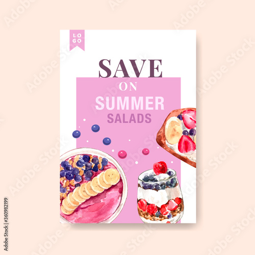Poster template with healthy and organic food design for banner brochure leaflet and advertisement watercolor vector illustration