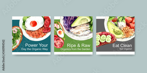 Advertising template with healthy and organic food design for brochure,leaflet and promotion watercolor vector illustration