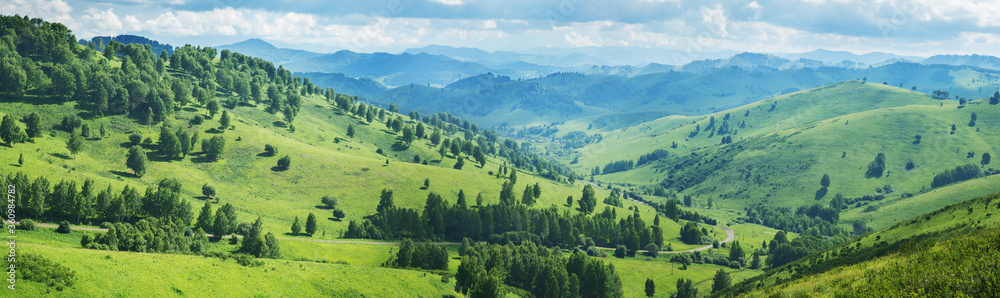 Picturesque valley, panoramic mountain view. Summer greens, forests and meadows.