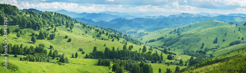 Fototapeta Naklejka Na Ścianę i Meble -  Picturesque valley, panoramic mountain view. Summer greens, forests and meadows.