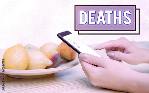 Conceptual hand writing showing Deaths. Concept meaning permanent cessation of all vital signs, instance of dying individual Modern gadgets white screen under colorful bokeh background photo