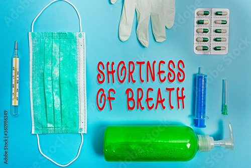 Word writing text Shortness Of Breath. Business photo showcasing intense tightening of the airways causing breathing difficulty Primary medical precautionary equipments for health care protection photo