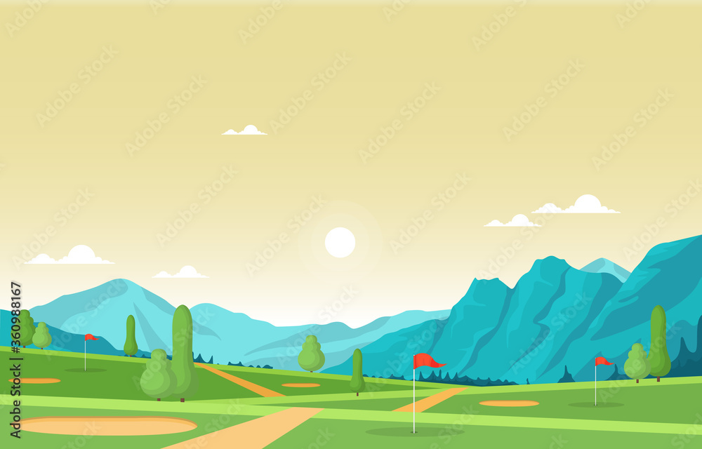 Obraz premium Golf Field Flag Green Grass Tree Outdoor Sport Landscape