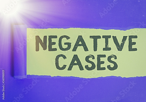 Text sign showing Negative Cases. Business photo text circumstances or conditions that are confurmed to be false Rolled ripped torn cardboard placed above a wooden classic table backdrop photo