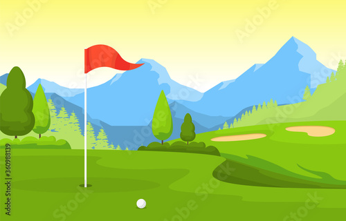 Golf Field Flag Green Grass Tree Outdoor Sport Landscape
