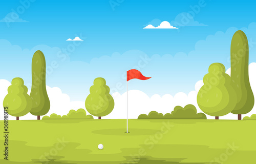 Golf Field Flag Green Grass Tree Outdoor Sport Landscape