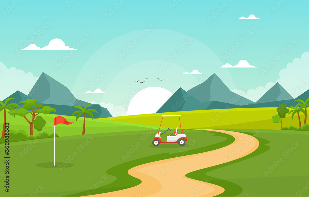 Golf Field Flag Cart Grass Tree Outdoor Sport Landscape Golf Field Flag Cart Grass Tree Outdoor Sport Landscape