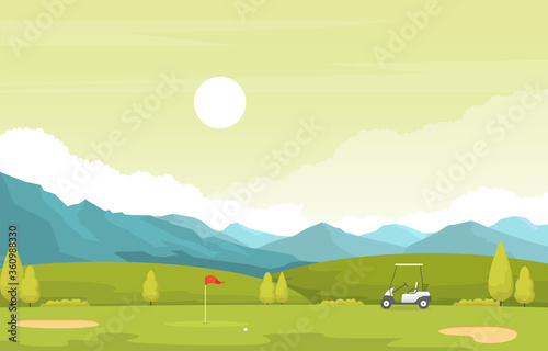 Golf Field Flag Cart Grass Tree Outdoor Sport Landscape