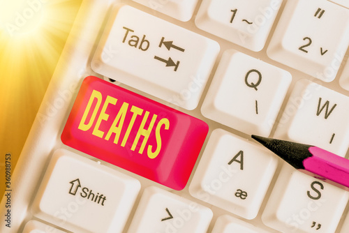 Writing note showing Deaths. Business concept for permanent cessation of all vital signs, instance of dying individual White pc keyboard with empty note paper above white key copy space photo