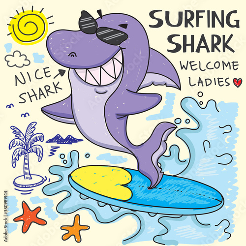 Surfing shark hand drawn cartoon illustration for t shirt printing
