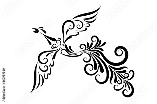 Vector illustration of a firebird from an ornament. Black outline. The character of Russian fairy tales. Mythical creature. Image for your design, decor, tattoos, printing.
