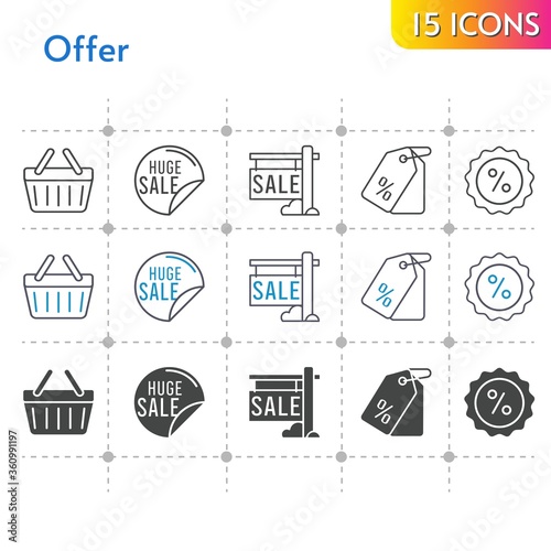 offer icon set. included sale, price tag, discount, shopping-basket, shopping basket icons on white background. linear, bicolor, filled styles.