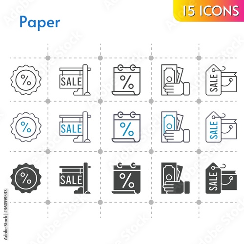 paper icon set. included calendar, shopping bag, sale, money, discount icons on white background. linear, bicolor, filled styles.