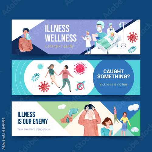 Illnesses banner design concept with people and doctor characters with infographic symptomatic watercolor vector illustration