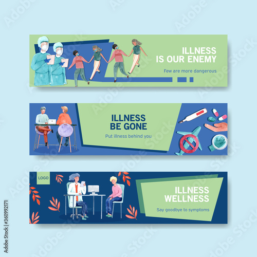 Illnesses banner design concept with people and doctor characters with infographic symptomatic watercolor vector illustration