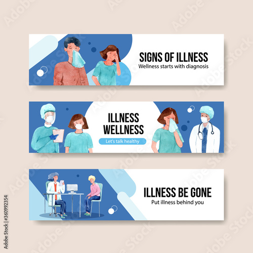 Illnesses banner design concept with people and doctor characters with infographic symptomatic watercolor vector illustration