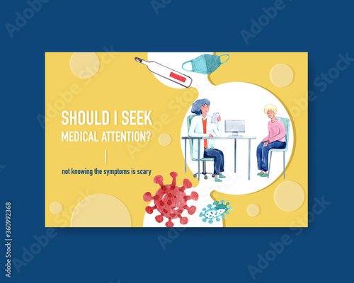 Facebook template illnesses concept design with people and doctor characters infographic symptomatic watercolor illustration