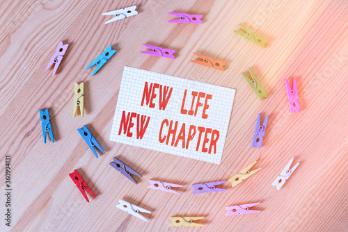 Text sign showing New Life New Chapter. Business photo text modification of brand or business Change opportunities Colored clothespin papers empty reminder wooden floor background office photo