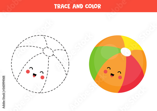 Handwriting practice with cute kawaii ball. Trace and color.