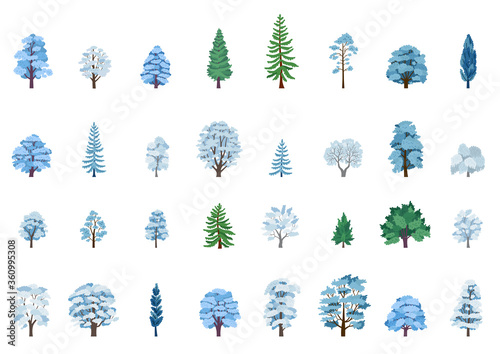 The collection of winter trees isolated on white