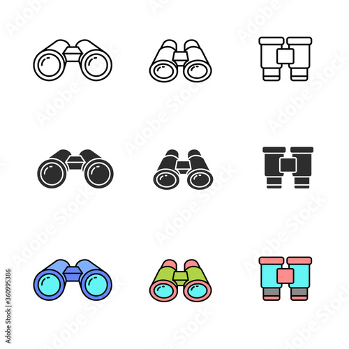 Set of binoculars icons in line, black and colorful design isolated on white background. Binoculars vector illustration 