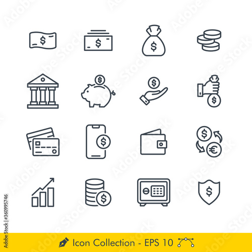 Set of Money Related Icons / Vectors - In Line / Stroke Design | Contains Such Money, Bank, Coin, Piggy Bank, Saving, Credit Card, Wallet, Currnecy Exchange, Investment, Safety Box, Mobile Payment