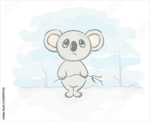 Hand drawn koala cartoon character. Animal koala bear sad. Ecological disaster in Australia. Vector illustration sketch for t shirt design, Cute Sticker, fashion print, graphic Greeting card.