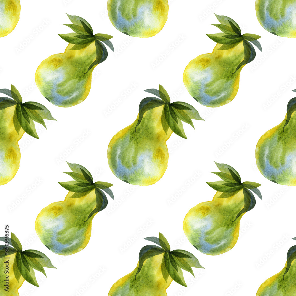 Seamless pattern watercolor hand-drawn green and yellow food fruit pear with leaves. Creative naive art background for card, wallpaper, textile, wrapping, florist Seamless pattern watercolor hand-drawn green and yellow food fruit pear with leaves. Creative naive art background for card, wallpaper, textile, wrapping, florist