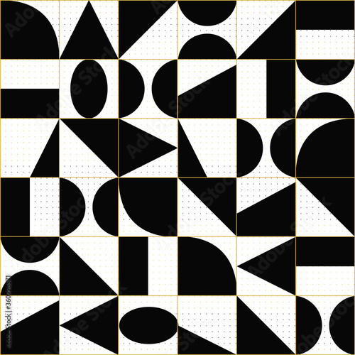 abstract geometric black gold dot textured background with black squares triangles rounds print design