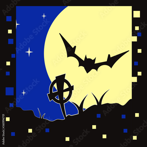 Spooky cemetery with grave stone. Vampire bat flying over full moon. Flat style illustration. 