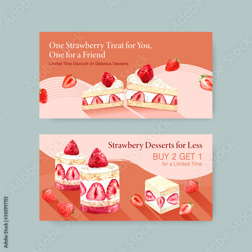 Twitter template with strawberry baking design social media,online community and internet watercolor illustration
