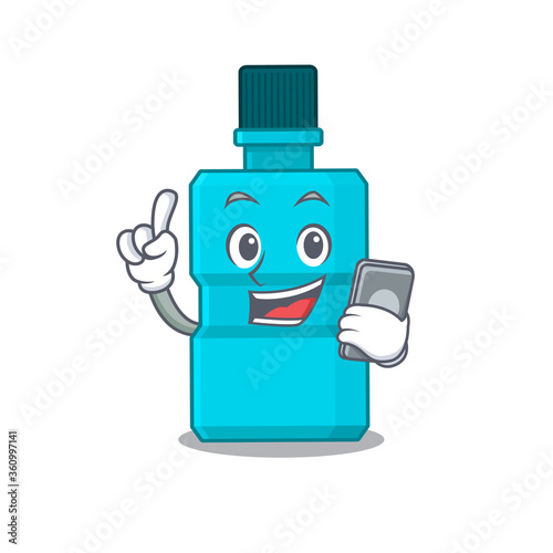 caricature character design style of mouthwash speaking on phone