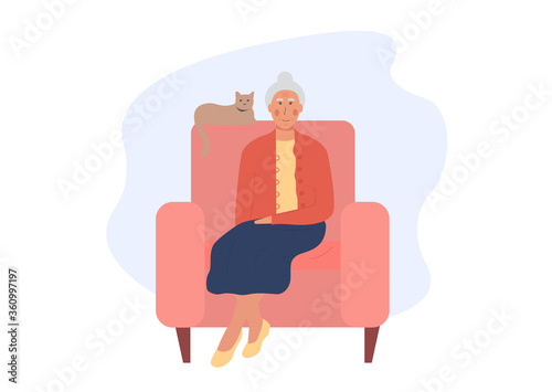 Grandmother sitting in armchair with cat. Postcard for grandparents day. An elderly woman stays at home. Old woman spends time with her pet. Pensioner alone. Flat vector illustration. 