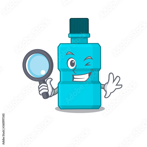 cartoon mascot design of mouthwash super Detective breaking the case using tools