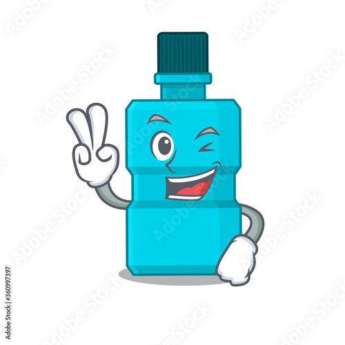 A joyful mouthwash cartoon mascot style show two fingers pose
