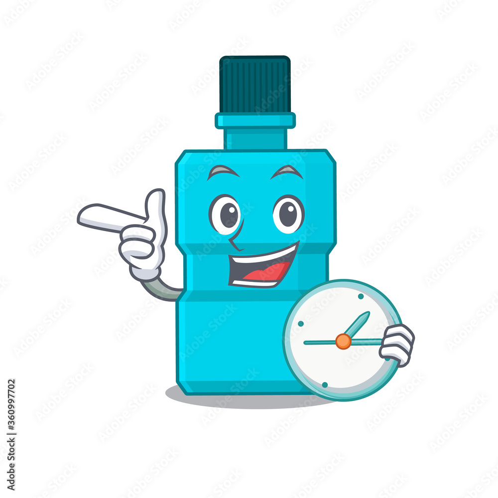 A picture of cheery mouthwash holding a clock A picture of cheery mouthwash holding a clock