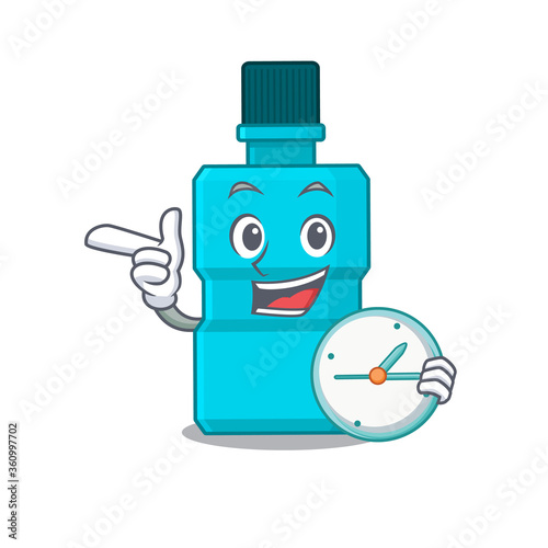 A picture of cheery mouthwash holding a clock