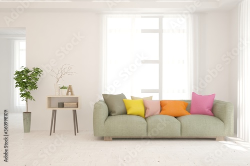 White living room with sofa. Scandinavian interior design. 3D illustration