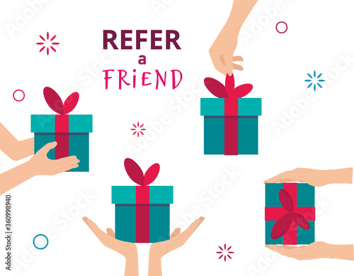 Refer a Friend. Referral marketing concept. Illustration of two people hands and gift box. Vector flat illustration isolated on white background.