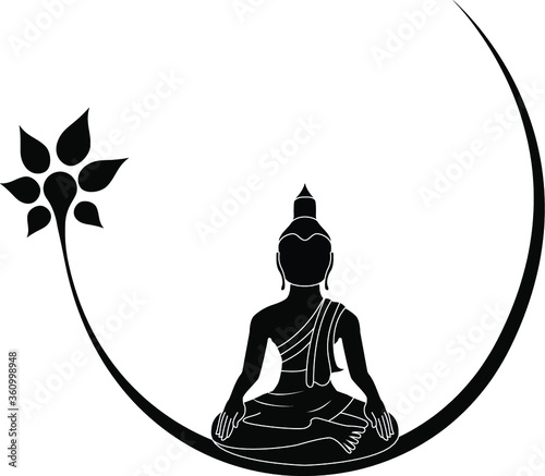 Sitting Buddha isolated on white. Vector illustration. Vintage decorative composition. Indian, Buddhism, Spiritual motifs. Tattoo, yoga, spirituality