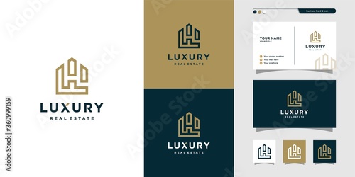 Luxury real estate logo and business card design, business card design, modern, gold, building, construction Premium Vector